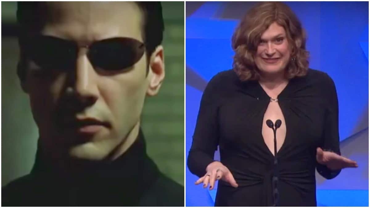 Keanu Reeves from Matrix Reloaded on left and Lillly Wachowski on right