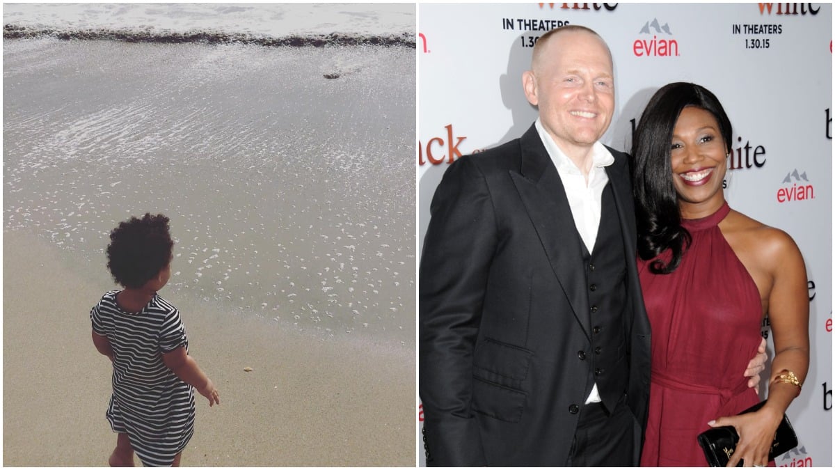 Lola Burr at the beach on left, Bill Burr and wife Nia Hill at premiere of Relativity Media's 'Black or White' on the right.