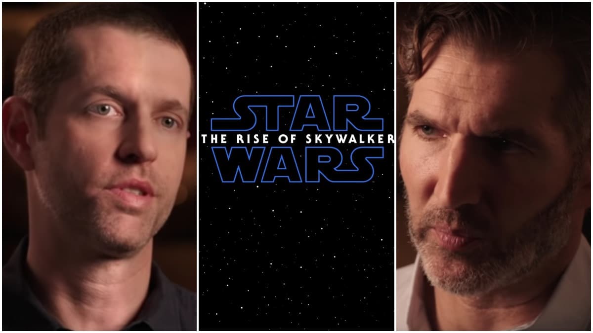 David Benioff and Dan Weiss between Rise of Skywalker poster