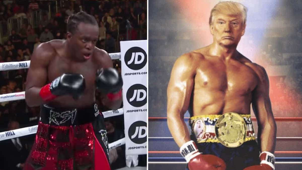 KSI celebrating after defeating Logan Paul, and Donald Trump's head photo-shopped on the body of Rocky Balboa
