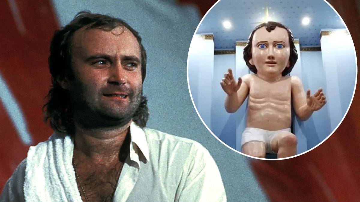 Phil Collins and the baby Jesus statue