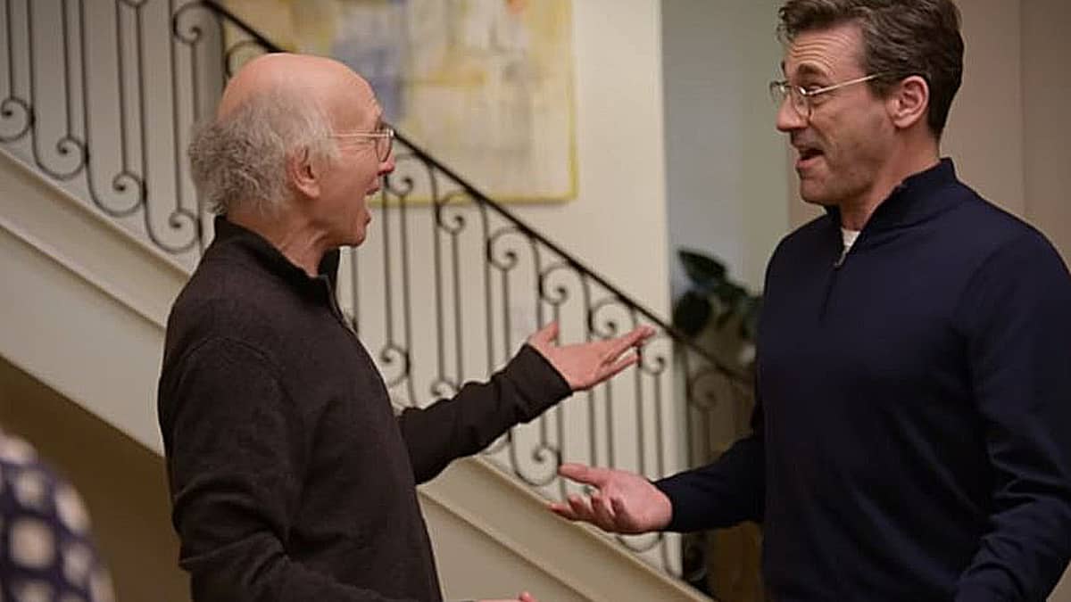 Jon Hamm is a guest star on Curb Your Enthusiasm with star Larry David (L). Pic credit: Screencap/HBO