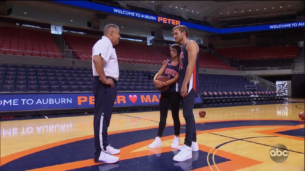 Bachelor Peter Weber on the basketball court with Madison Prewett and Bruce Pearl in Auburn.