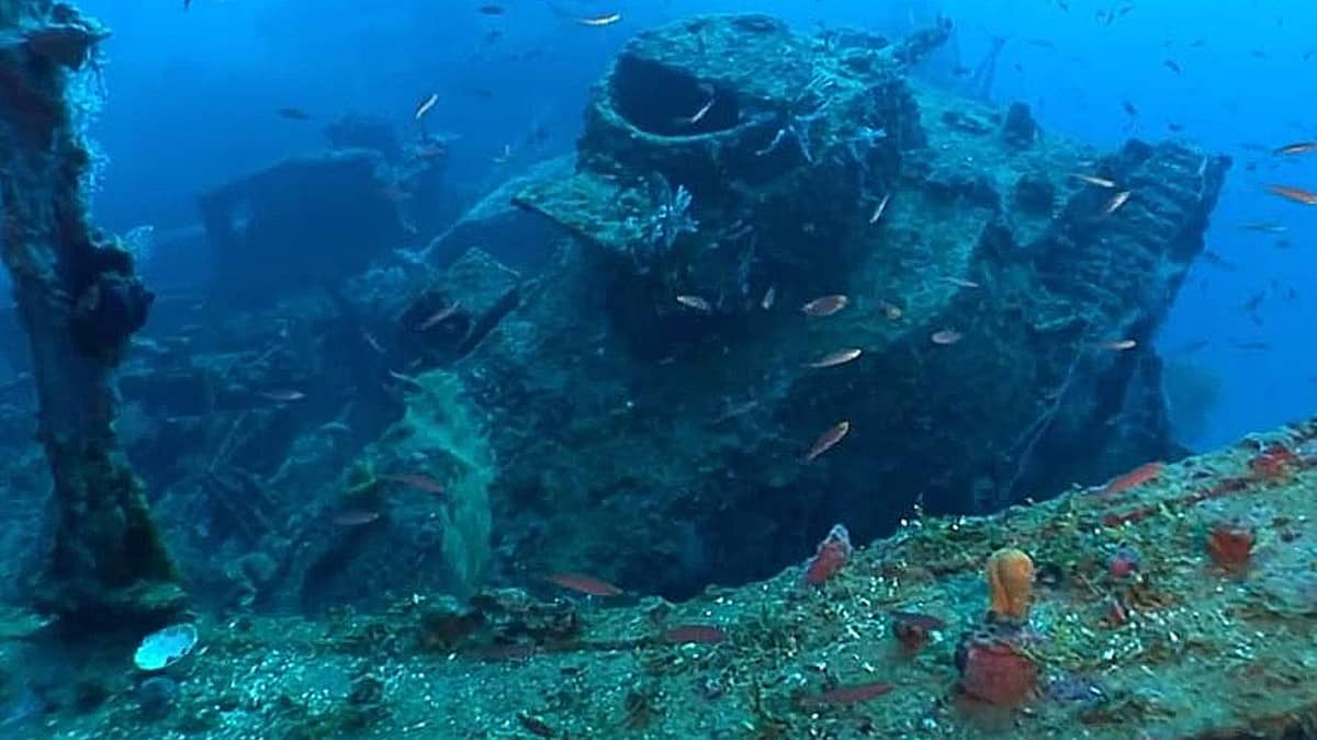 The eerie remains of a warship that is one of many in the are off Micronesia, Shipwreck Secrets explores the Japanese ghost fleet. Pic credit: Science Channel