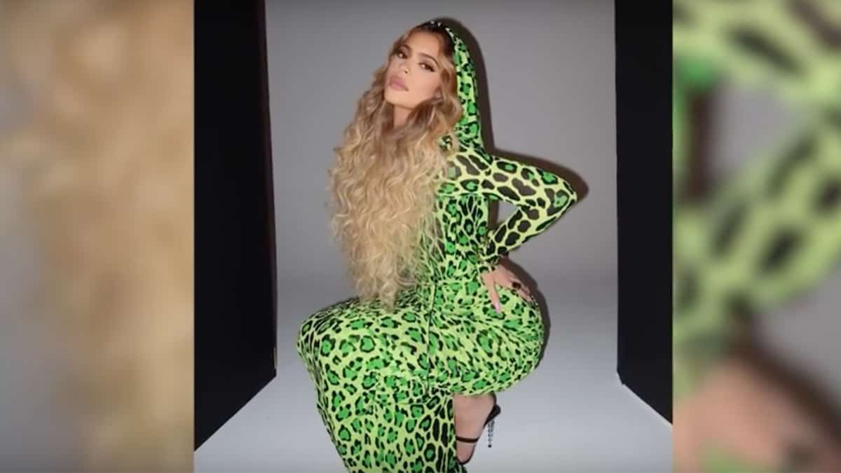 Kylie Jenner models green leopard print dress