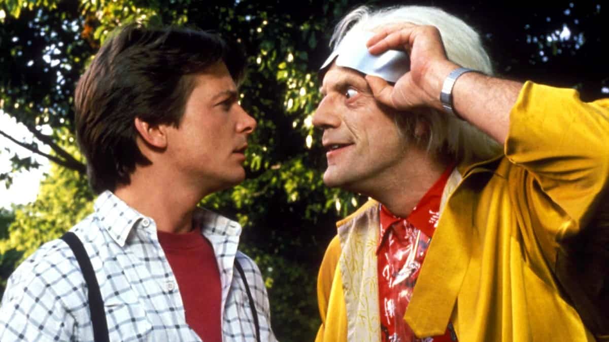 Michael J Fox and Christopher Lloyd on the set of Back to the Future