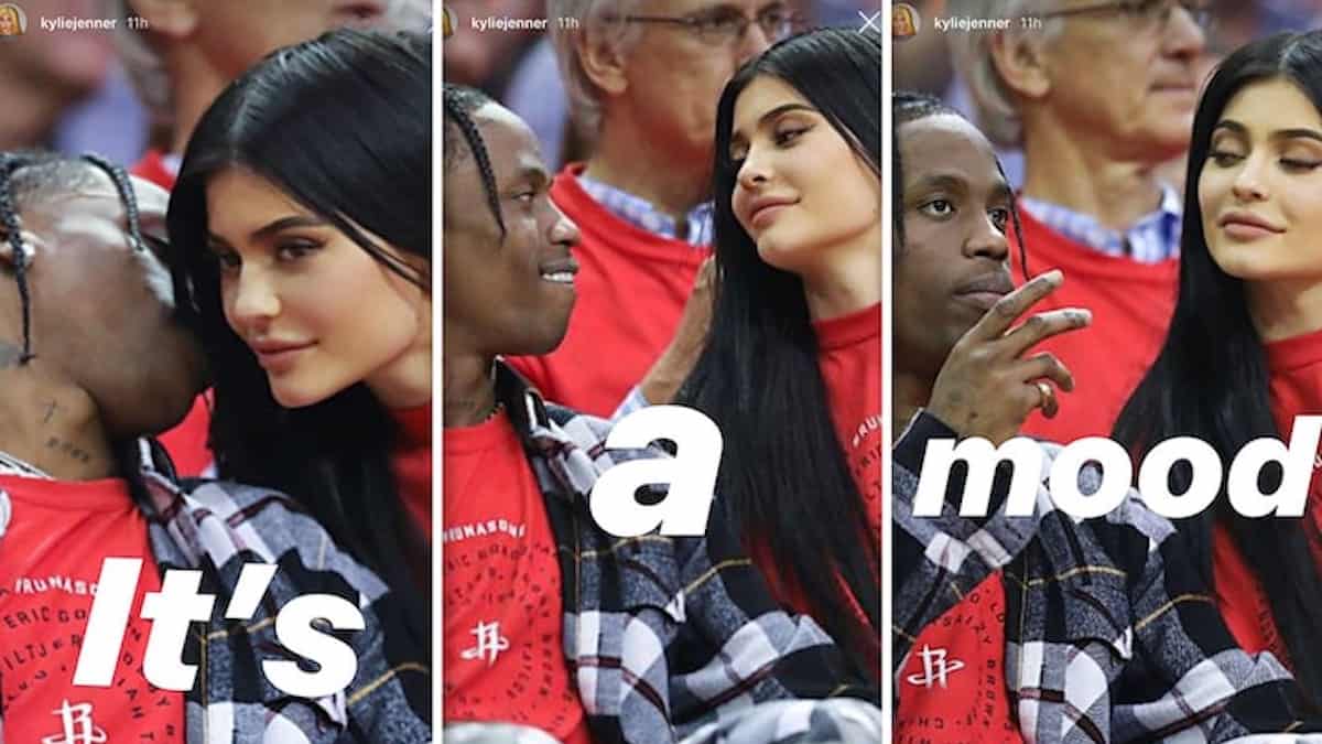 Kylie Jenner uploads three cosy throwback pics of her and Travis Scott to her Instagram story at the weekend, captioning them "Its. A. Mood." Pic credit: @kyliejenner/Instagram