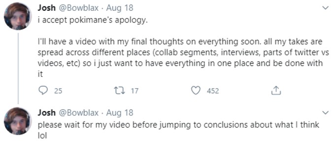 Bowblax tweet accepting Pokemane apology