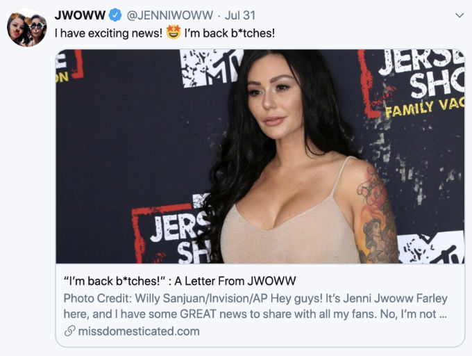 JWoww is back on Jersey Shore Family Vacation.