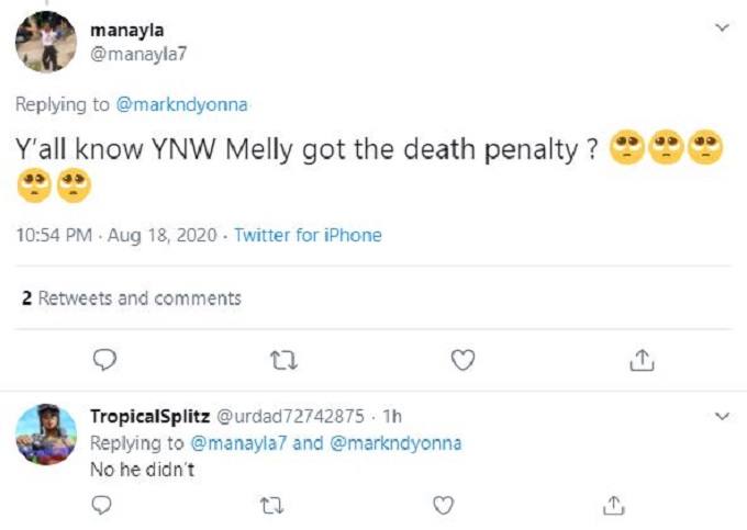 YNW Melly death penalty rumor on Twitter