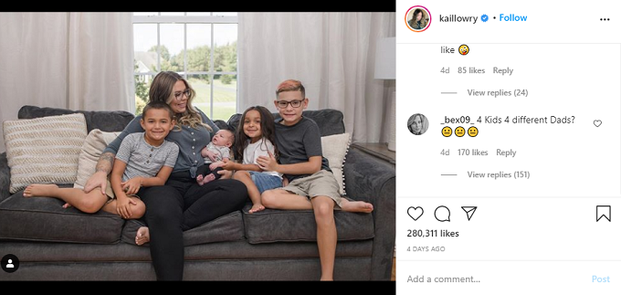 Kailyn Lowry sitting on the couch with her four sons