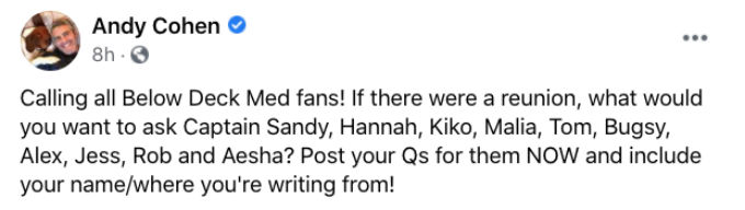 Andy Cohen Facebook post about Below deck Med Season 5 reunion