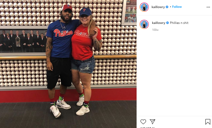 Kailyn Lowry poses with Chris Lopez in Phillies outfits 