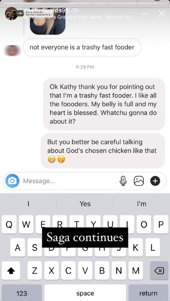 Fan calls Mackenzie "trashy" for eating fast food
