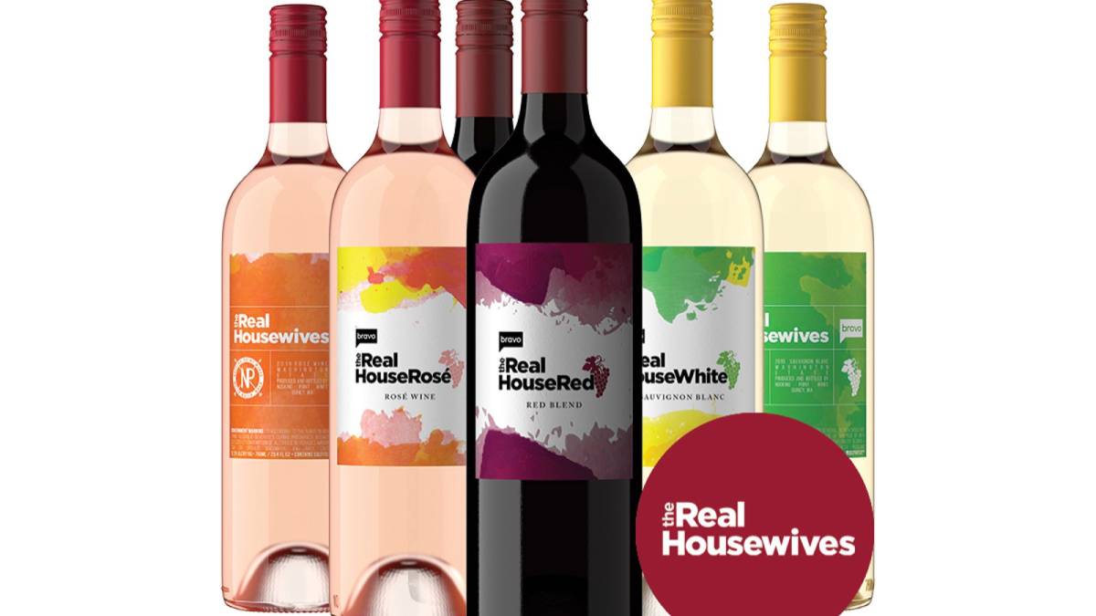 Bravo's The Real Housewives Rose, The Real House Red and The Real House White wine bottles.