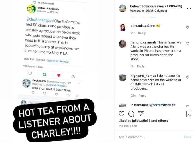 Instagram fan account asking for Charley Walters producer information.
