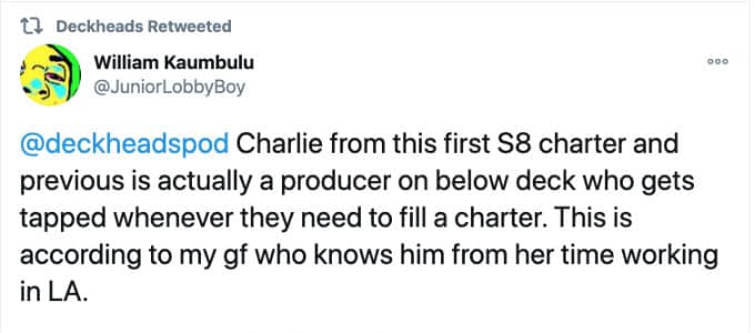 Tweet claims Charley Walters is below Deck producer.