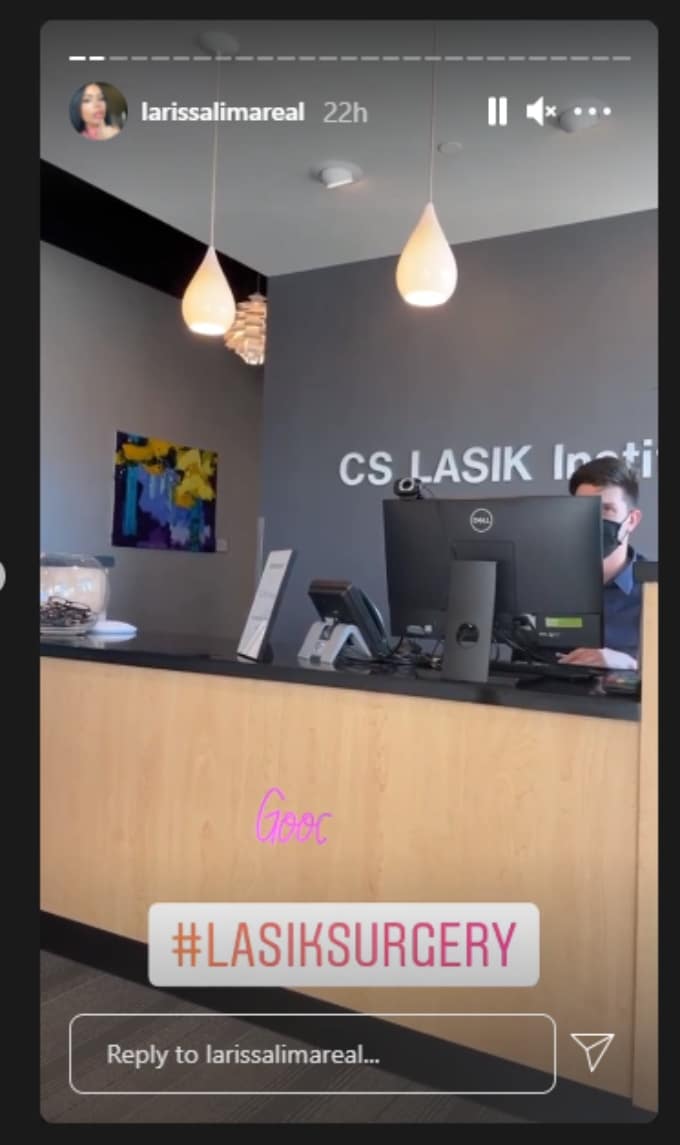 Larissa Lima shares a picture of her Lasik surgery office