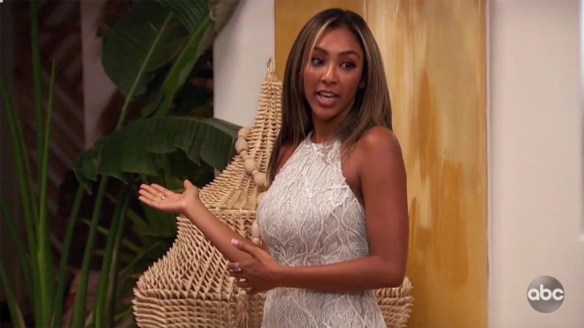 The Bachelorette Tayshia Adams looks upset as she cancels the cocktail party on tonight's episode 7