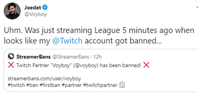 Voyboy tweets that he's been banned