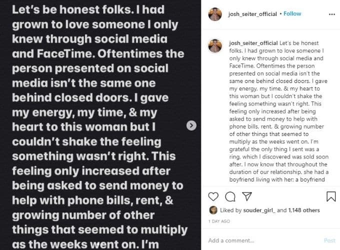 Josh Seiter's post to Instagram about break up with Yolanda Leak