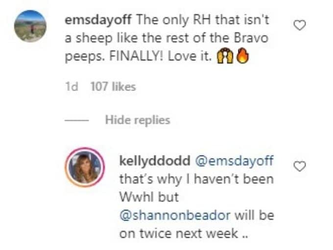Comment on Kelly Dodd's Instagram post where follower claims Kelly isn't a sheep like the other RHOC cast members.