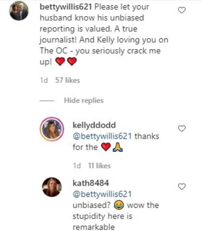 Comment banter between Kelly Dodd's followers about whether or not her husband, Rick Leventhal, is an unbiased reporter.