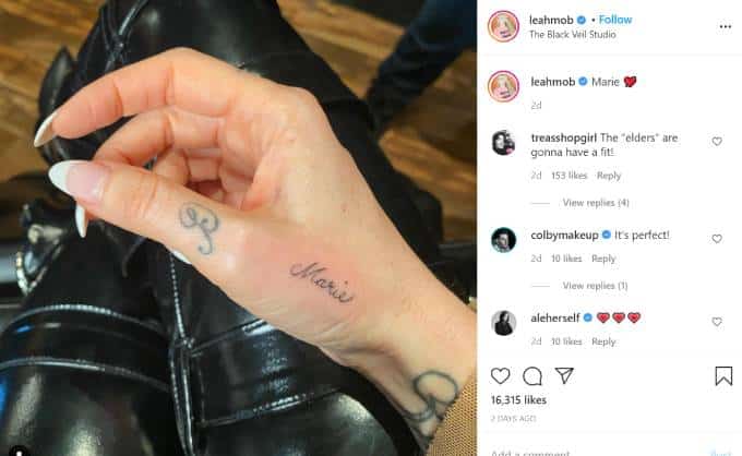 Leah McSweeney posts a picture of her tattoo that reads "Marie."