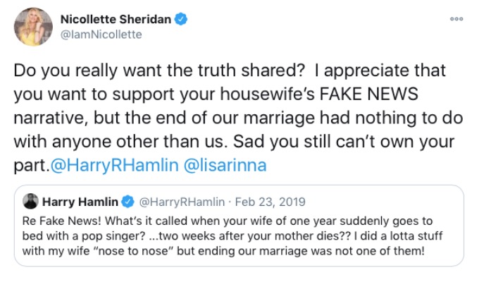 Nicolette Sheridan and Harry Hamlin argue on Twitter.