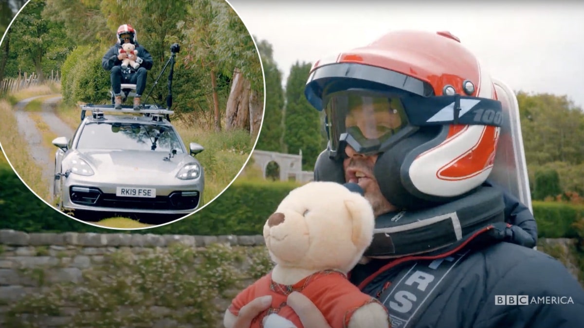 Paddy McGuinness strapped to roof of car on Top Gear