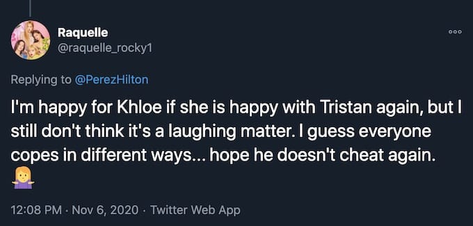 tweet reaction to khloe joke about tristan cheating