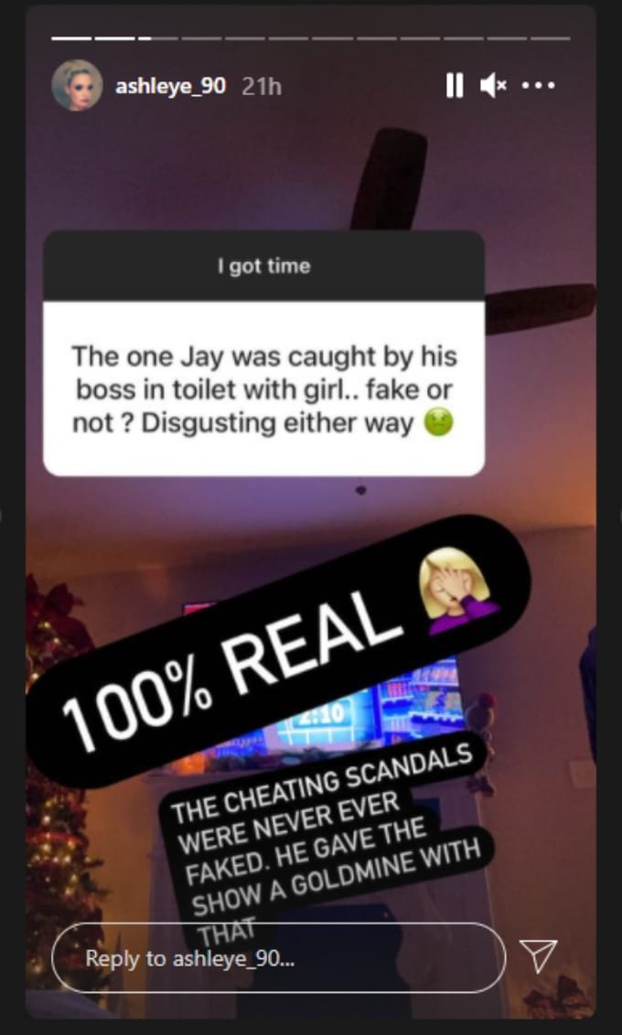 Screenshot of Ashley claiming Jay's cheating storylines on the show were real.