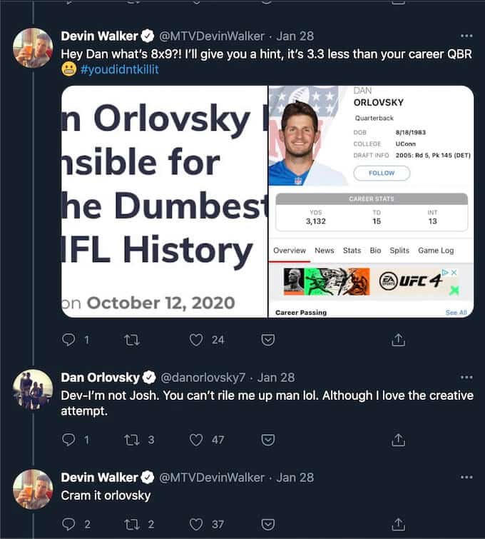 devin walker replies to dan orlovsky on twitter about double agents