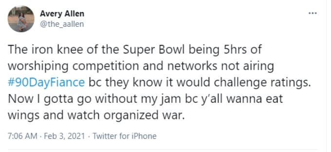 Screenshot of Super Bowl vs. 90 Day Fiance Twitter comment.