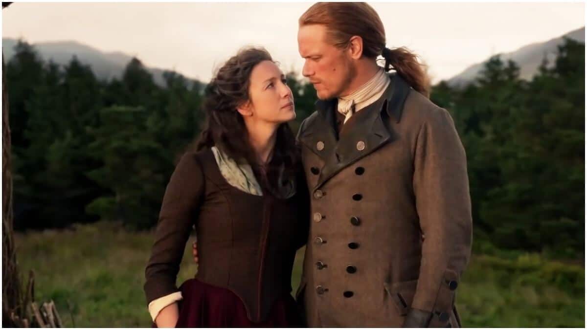Caitriona Balfe as Claire and Sam Heughan as Jamie, as seen in Season 5 of Outlander