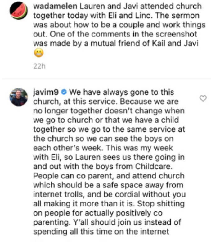 Javi claps back and defends his and Lauren's co-parenting decisions