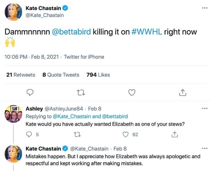 Kate Chastain praises Elizabeth frankini on WWHL.
