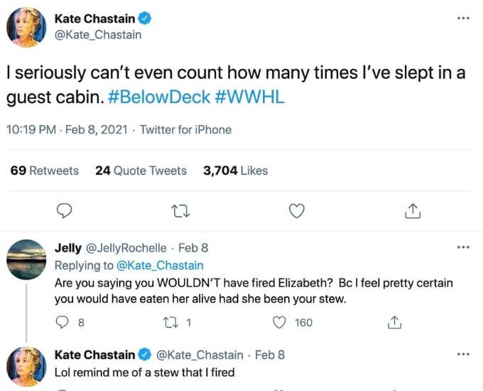 Kate Chastain disses Francesca Rubi with guest cabin tweet.