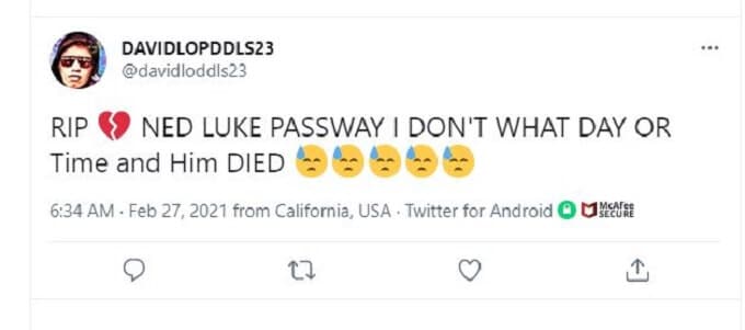 Another screenshot of claim that GTA5 star Ned Luke had passed away.