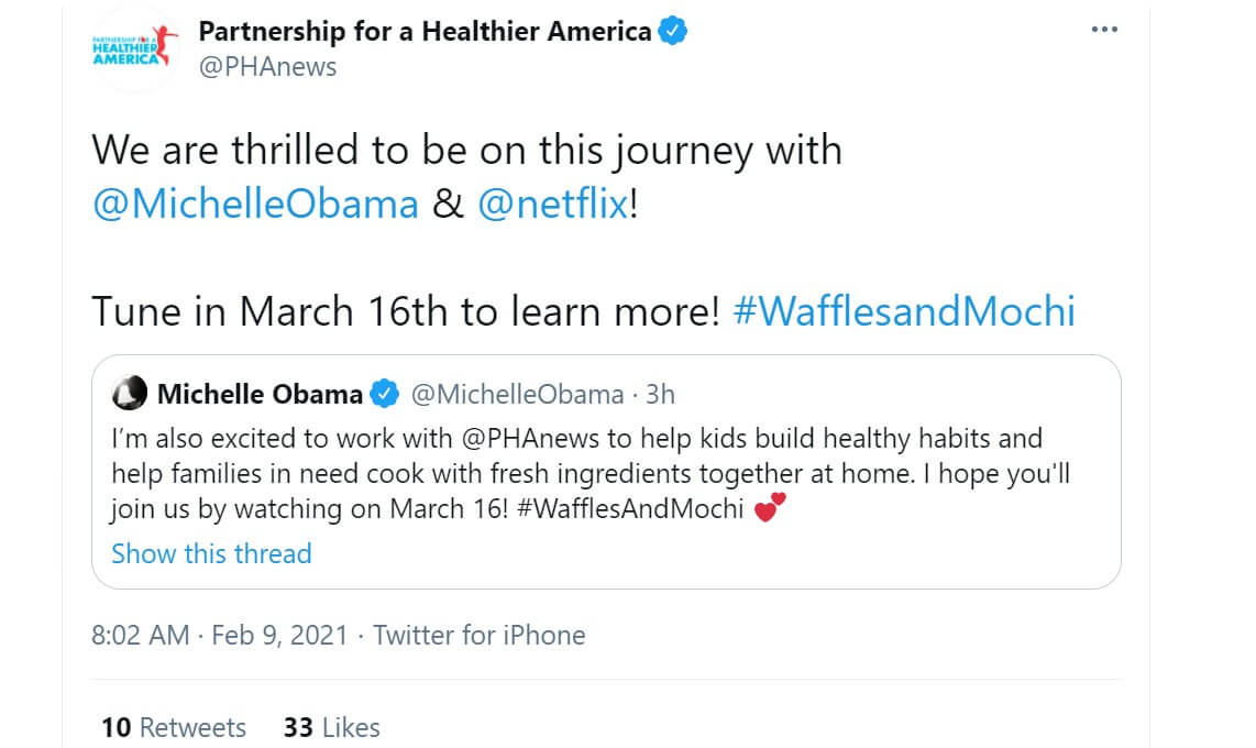 Partnership for a Healthier America tweets in response to Michelle Obama.