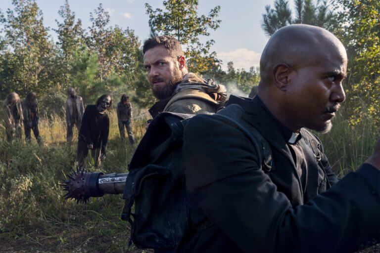 Ross Marquand as Aaron and Seth Gilliam as Father Gabriel, as they appear in Episode 19 of AMC's The Walking Dead Season 10C