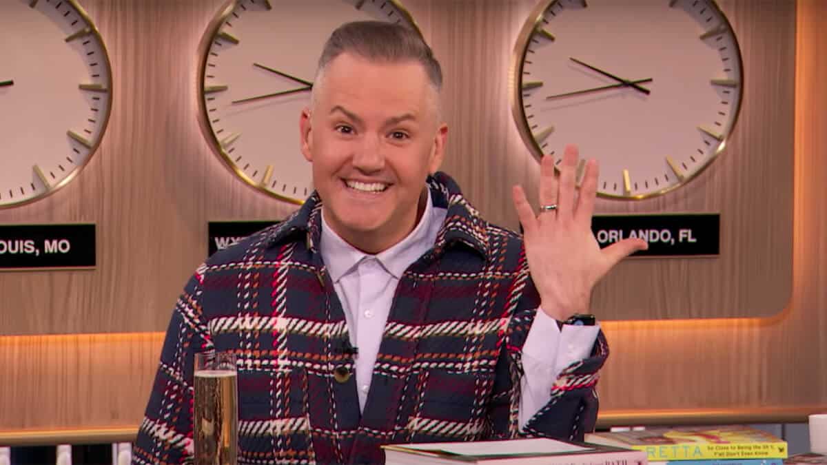 Ross Mathews flashing his engagement ring on the Drew Barrymore show