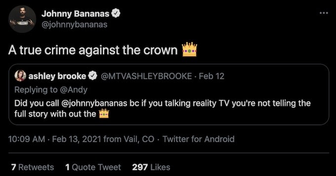 ashley mitchell tweets johnny bananas about reality series