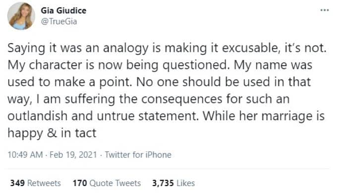 screenshot of Gia Giudice's tweet regarding Jackie Goldschneider's analogy.