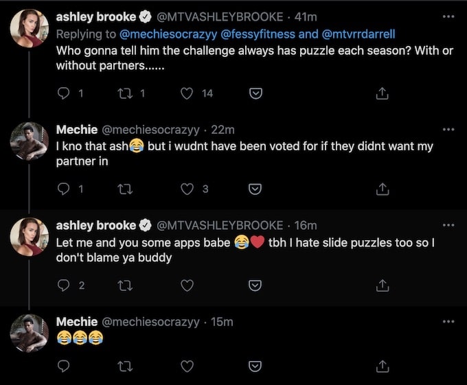ashley mitchell tweets with mechie about double agents elimination
