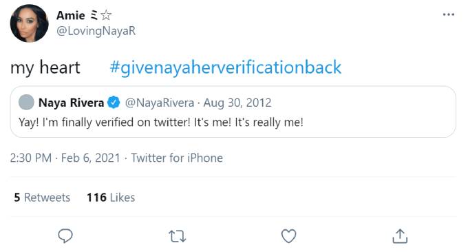 A fan tweets about Naya Rivera losing Twitter verification. Pic credit: @LovingNayaR/Twitter