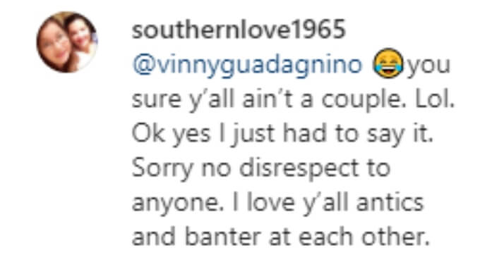 A fan loves the ongoing banter between Vinny and Angelina