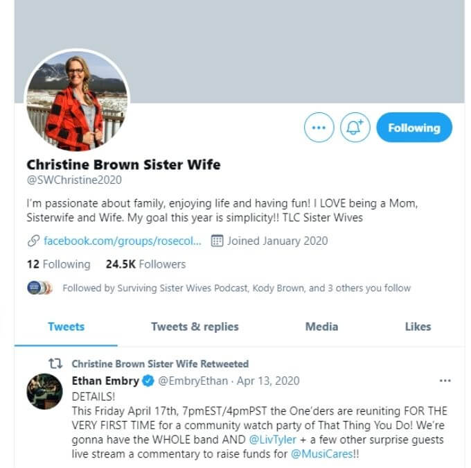 Christine Brown's Twitter page