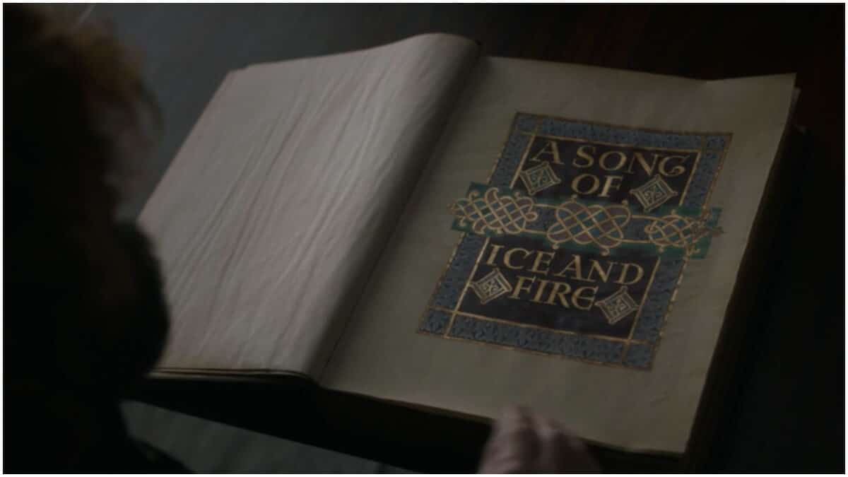 Tyrion Lannister reads A Song of Ice and Fire, as seen in Season 8 of HBO's Game of Thrones