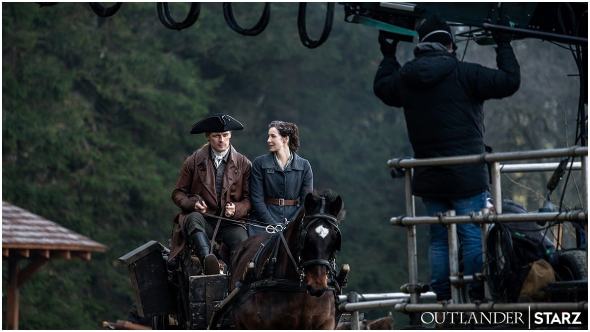 Sam Heughan as Jamie and Caitriona Balfe as Claire, as seen on set for Season 6 of Starz's Outlander